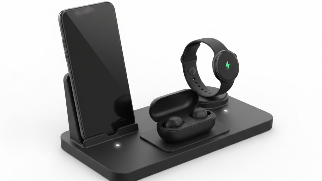 3-in-1 wireless charging station with smartphone, smart watch, and earbuds on a sleek gray base