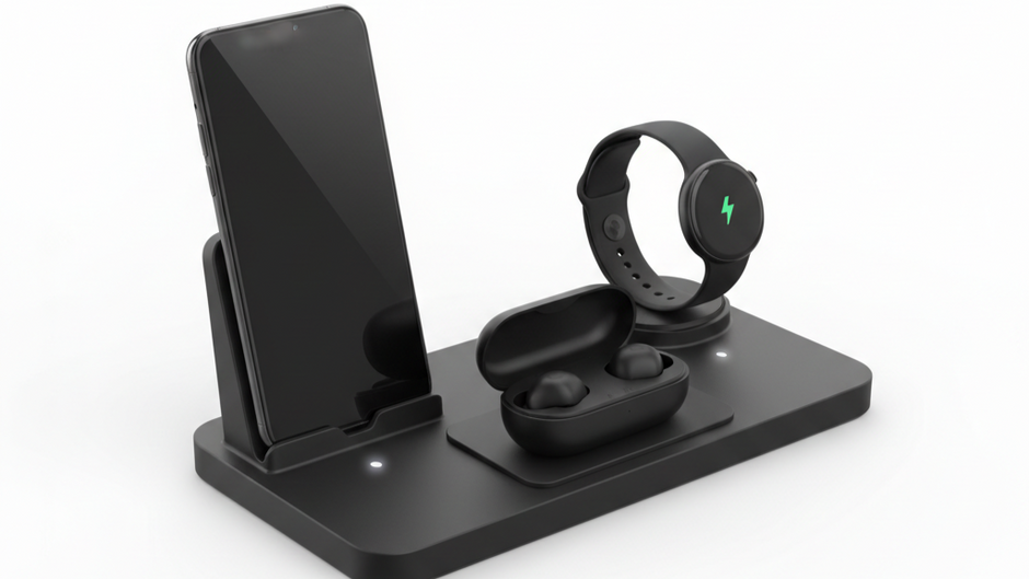 3-in-1 wireless charging station with smartphone, smart watch, and earbuds on a sleek gray base
