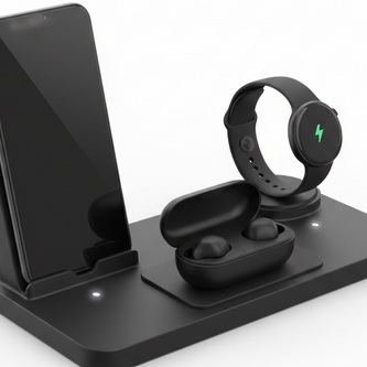 3-in-1 wireless charging station with smartphone, smart watch, and earbuds on a sleek gray base