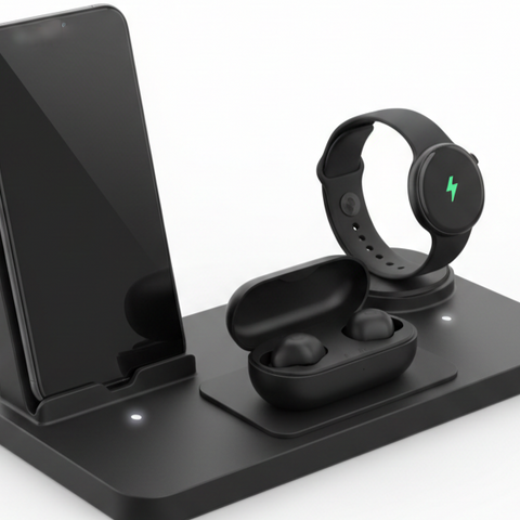 3-in-1 wireless charging station with smartphone, smart watch, and earbuds on a sleek gray base