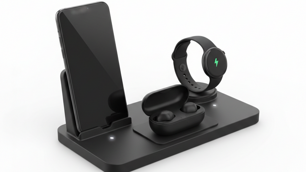 3-in-1 wireless charging station with smartphone, smart watch, and earbuds on a sleek gray base