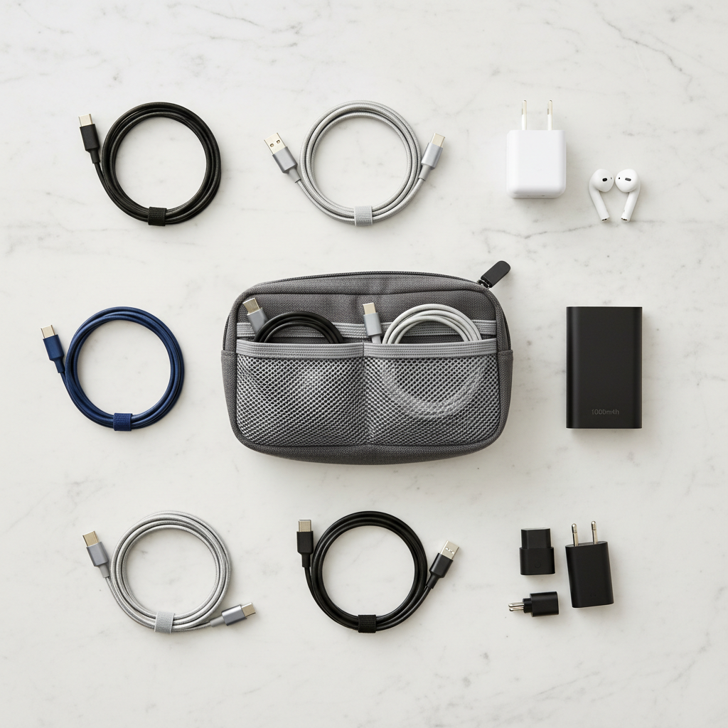 Black cable organizer travel bag laying flat showing multiple compartments for USB-C cables and tech accessories
