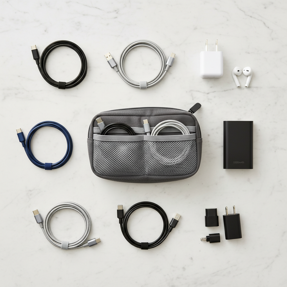 Black cable organizer travel bag laying flat showing multiple compartments for USB-C cables and tech accessories