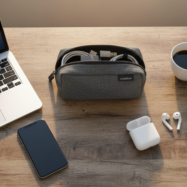 Desk setup with travel bag