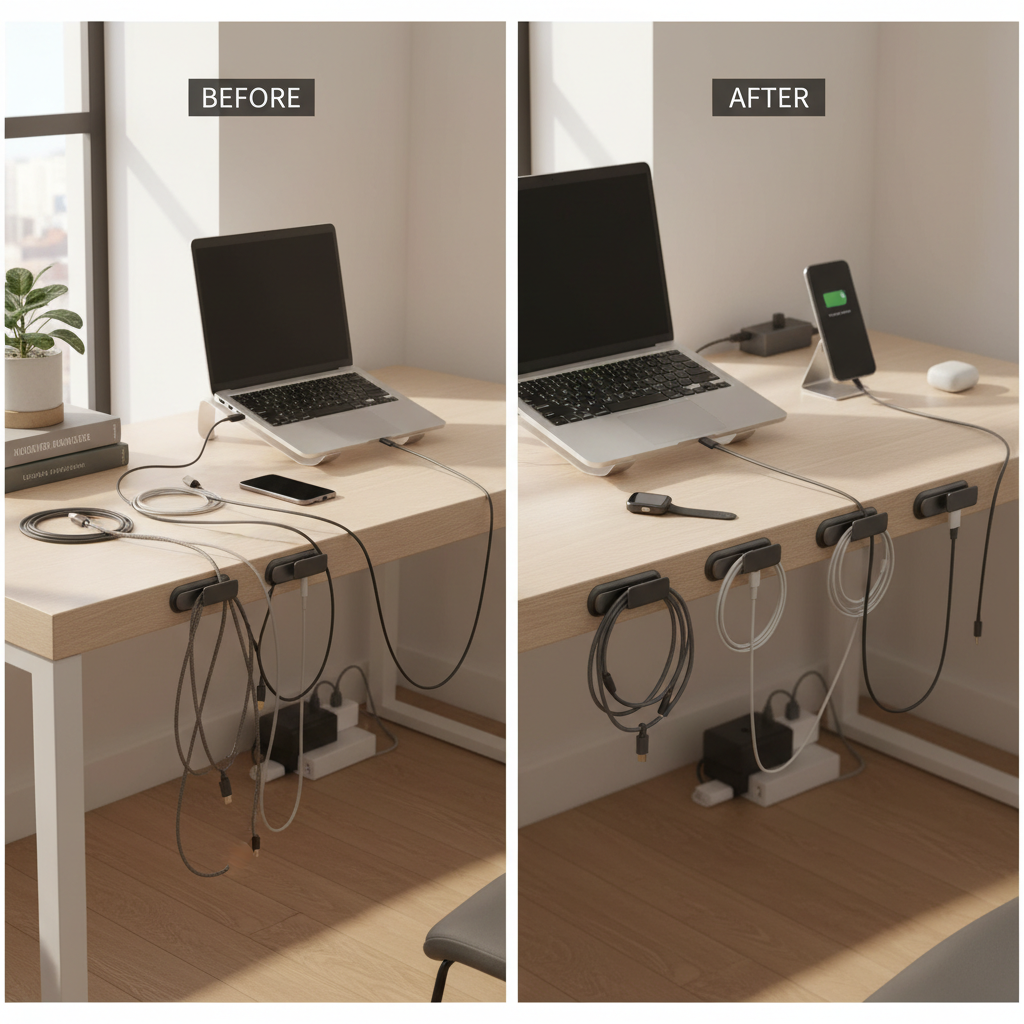 Before and after comparison showing messy desk cables transformed into organized workspace using magnetic cable organizers