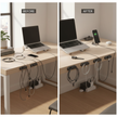 Before and after comparison showing messy desk cables transformed into organized workspace using magnetic cable organizers